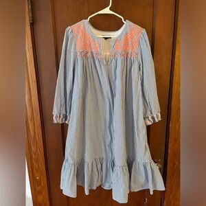 J. Crew Seersucker Stripe Blue Dress Long Sleeve Pink Embroidery XL